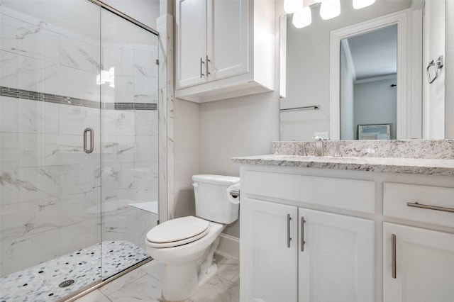 bathroom with a shower with shower door, toilet, and vanity