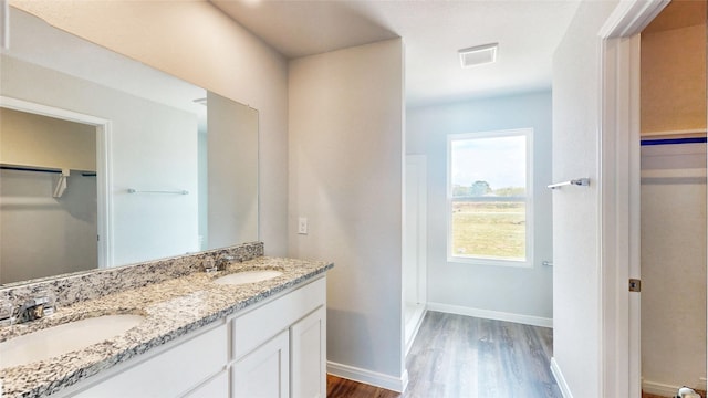 bathroom with hardwood / wood-style flooring and vanity