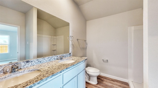 bathroom featuring vaulted ceiling, vanity, hardwood / wood-style floors, and toilet