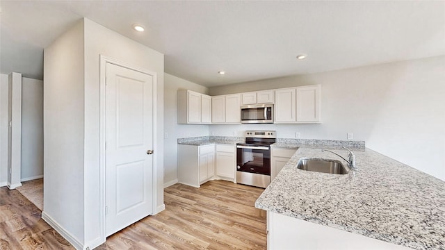 kitchen with light hardwood / wood-style flooring, sink, kitchen peninsula, appliances with stainless steel finishes, and white cabinetry