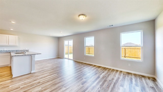 unfurnished living room featuring light hardwood / wood-style flooring and sink