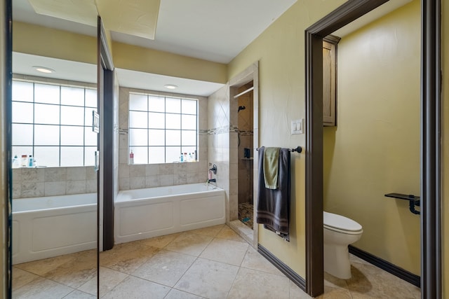 bathroom featuring toilet, independent shower and bath, and tile patterned floors