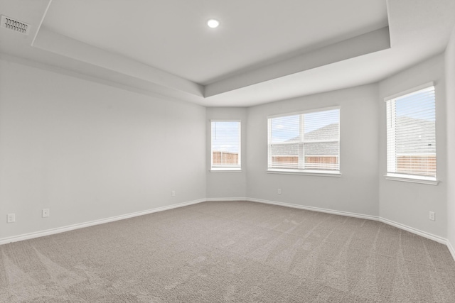 carpeted empty room with a tray ceiling