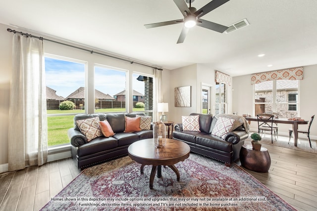 living room featuring ceiling fan and wood-type flooring