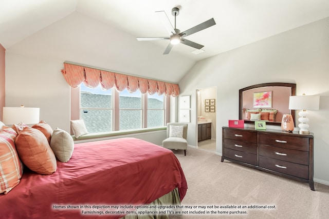 bedroom with ceiling fan, light carpet, ensuite bath, and lofted ceiling