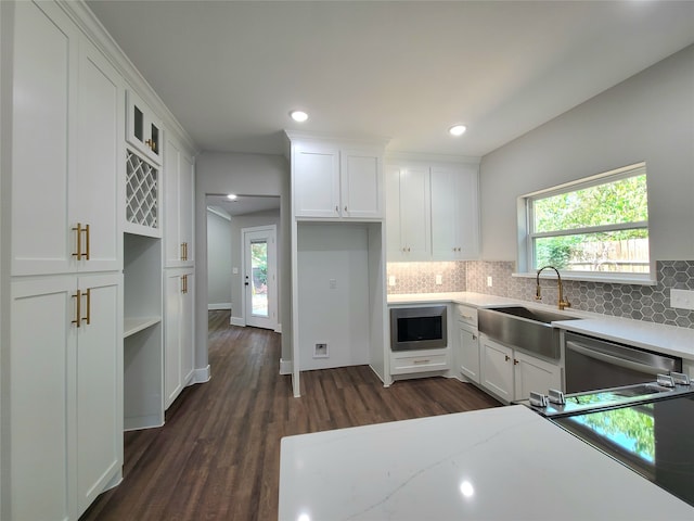 kitchen featuring white cabinets, sink, stainless steel appliances, dark hardwood / wood-style flooring, and decorative backsplash