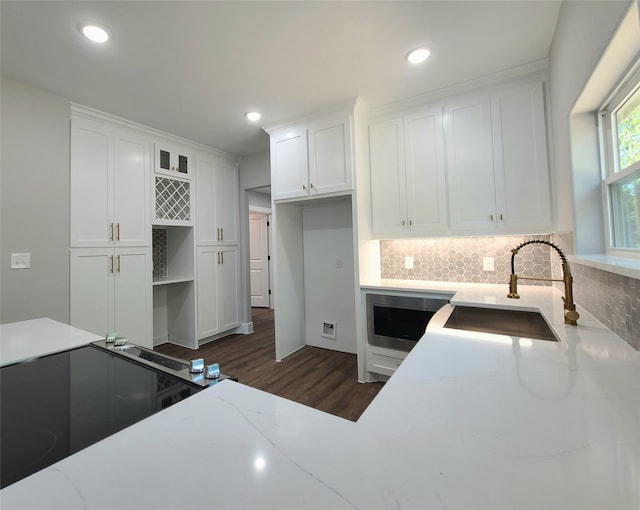 kitchen featuring light stone counters, dark wood-type flooring, and white cabinetry