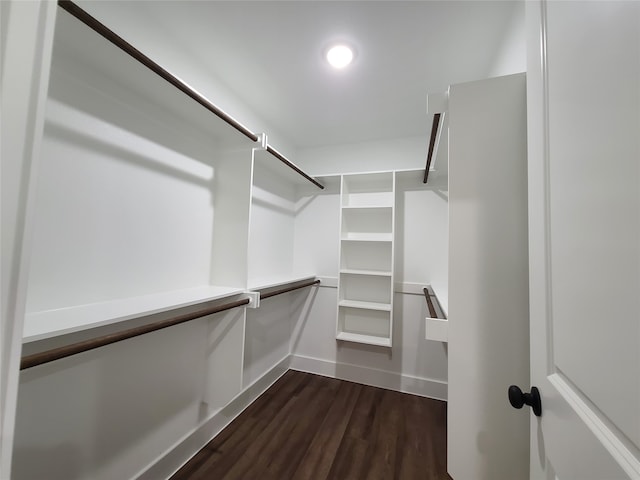 walk in closet with dark hardwood / wood-style floors