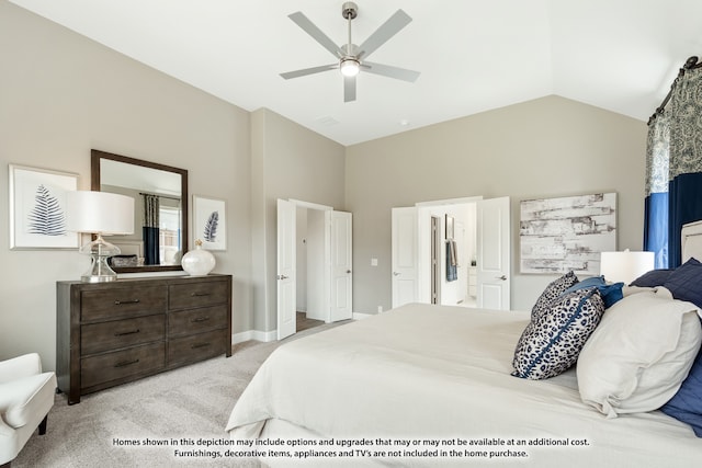 bedroom featuring ceiling fan, high vaulted ceiling, light carpet, and ensuite bath