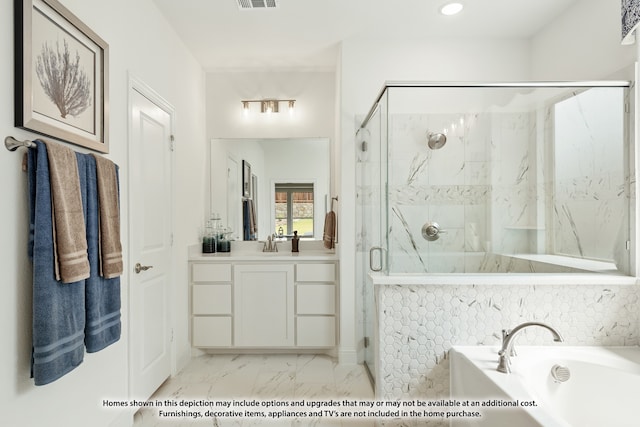 bathroom with independent shower and bath, tile patterned floors, and vanity