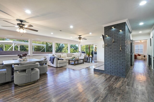 living room with ceiling fan and dark hardwood / wood-style floors