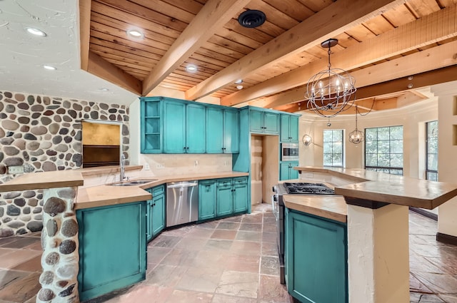 kitchen with wooden ceiling, beamed ceiling, blue cabinetry, appliances with stainless steel finishes, and butcher block countertops