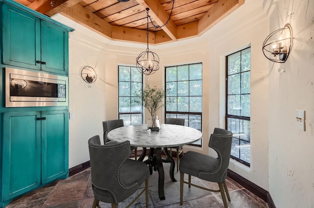 dining space featuring a notable chandelier, beam ceiling, a raised ceiling, and wooden ceiling