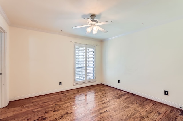 unfurnished room with hardwood / wood-style flooring, ceiling fan, and crown molding