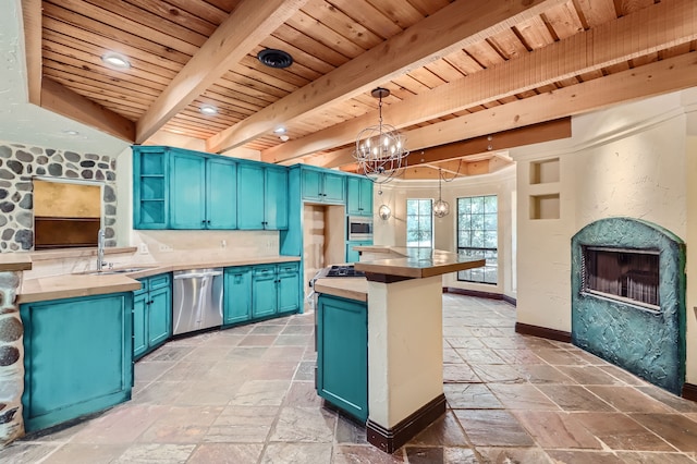 kitchen featuring appliances with stainless steel finishes, decorative light fixtures, sink, blue cabinetry, and wooden ceiling