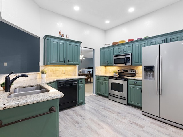 kitchen featuring light wood finished floors, decorative backsplash, appliances with stainless steel finishes, a sink, and recessed lighting