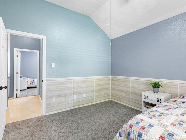 unfurnished bedroom featuring lofted ceiling, wainscoting, and carpet flooring