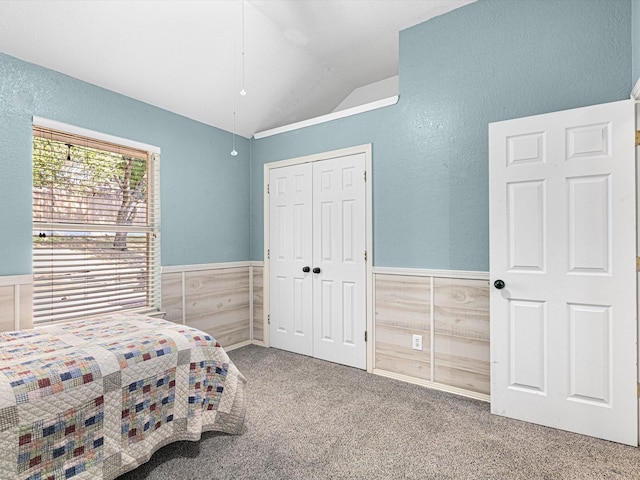 bedroom with a textured wall, vaulted ceiling, a closet, wainscoting, and carpet