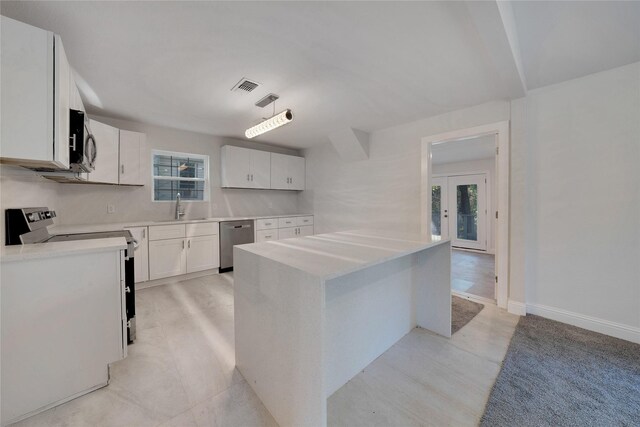 kitchen featuring white cabinets, dishwasher, sink, white range with electric stovetop, and light tile patterned flooring