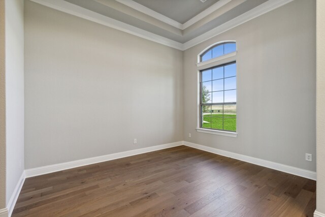 empty room featuring ornamental molding, a tray ceiling, dark wood-type flooring, and baseboards