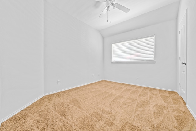 unfurnished room with ceiling fan, light carpet, and lofted ceiling