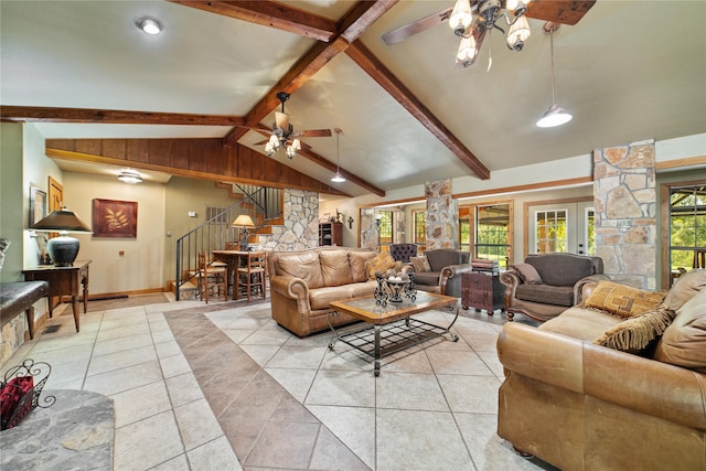 tiled living room featuring beam ceiling, ceiling fan, high vaulted ceiling, and decorative columns