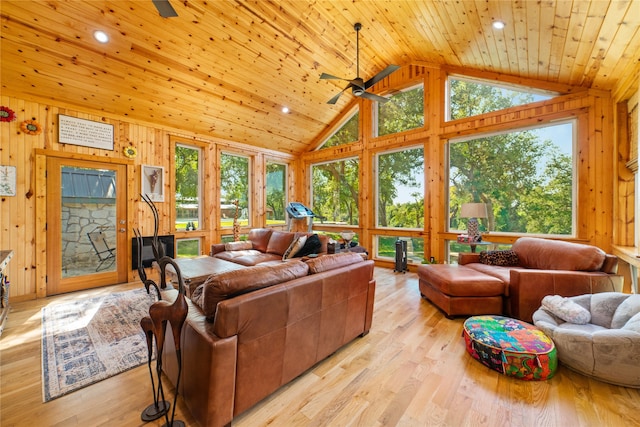 living room featuring light hardwood / wood-style floors, wooden walls, high vaulted ceiling, wood ceiling, and ceiling fan