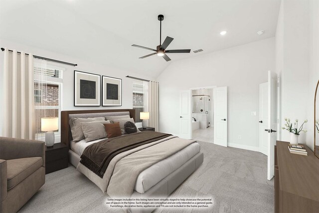 carpeted bedroom with multiple windows, high vaulted ceiling, and ceiling fan