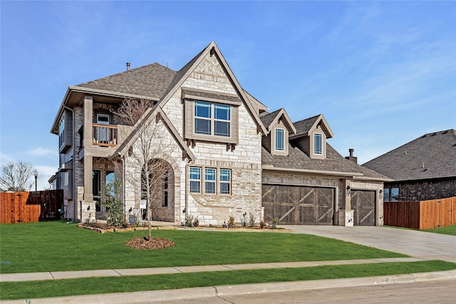 view of front of house featuring a garage, a balcony, and a front lawn