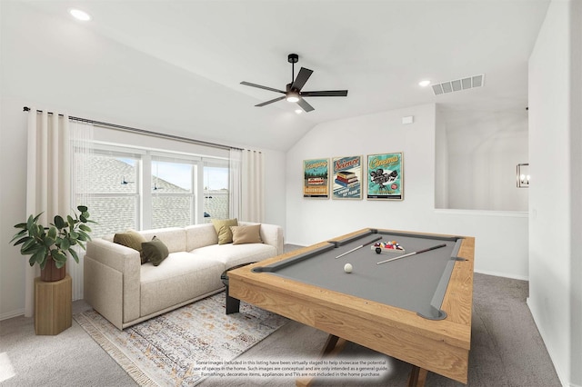 recreation room with ceiling fan, pool table, vaulted ceiling, and carpet