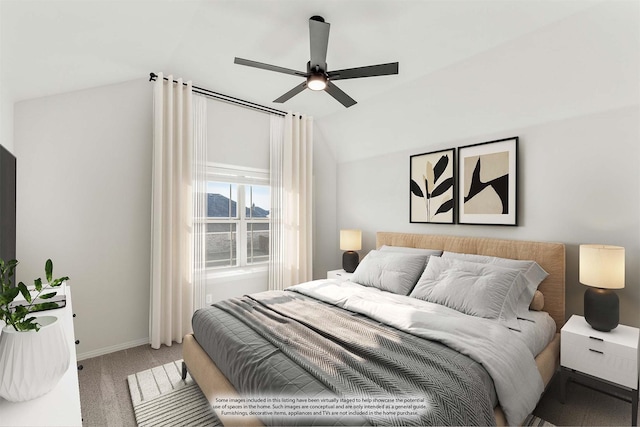 carpeted bedroom with lofted ceiling and ceiling fan