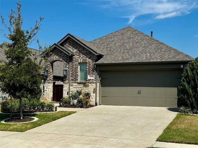 view of front of property featuring a garage and a front lawn