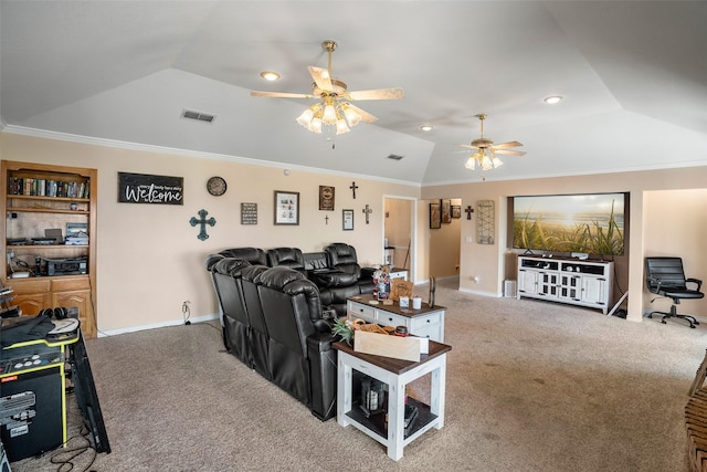 carpeted living room with built in shelves, ceiling fan, vaulted ceiling, and ornamental molding