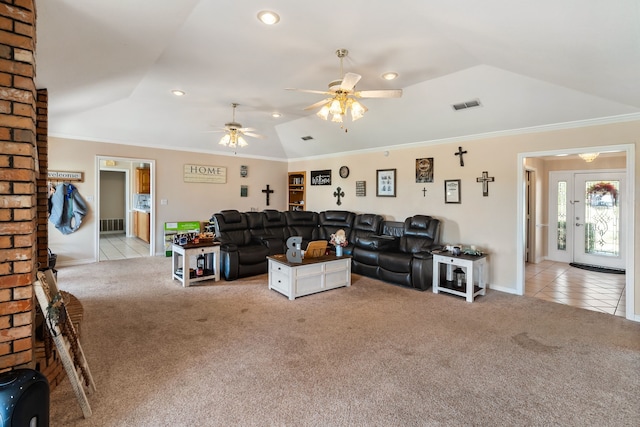 living room with ceiling fan, light colored carpet, ornamental molding, and vaulted ceiling