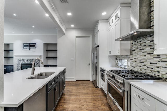 kitchen with white cabinetry, dark wood-type flooring, wall chimney exhaust hood, sink, and high end appliances