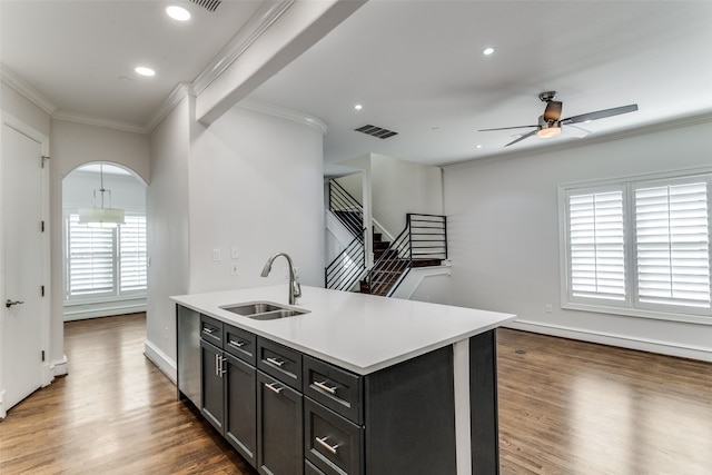 kitchen featuring a center island with sink, sink, hardwood / wood-style flooring, and a healthy amount of sunlight