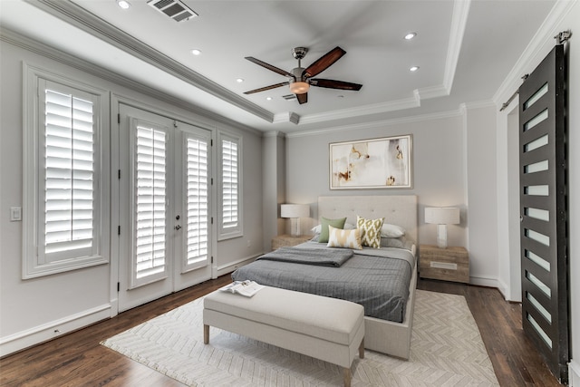 bedroom featuring ornamental molding, dark wood-type flooring, access to exterior, and ceiling fan