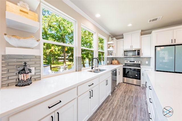 kitchen with sink, appliances with stainless steel finishes, white cabinetry, plenty of natural light, and tasteful backsplash