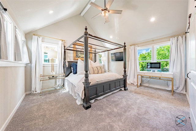 bedroom featuring vaulted ceiling with beams, light carpet, and ceiling fan