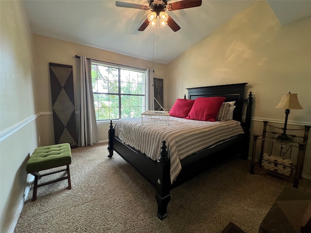 bedroom featuring carpet flooring, ceiling fan, and vaulted ceiling