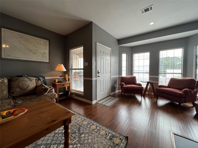 living room featuring a healthy amount of sunlight and dark hardwood / wood-style floors