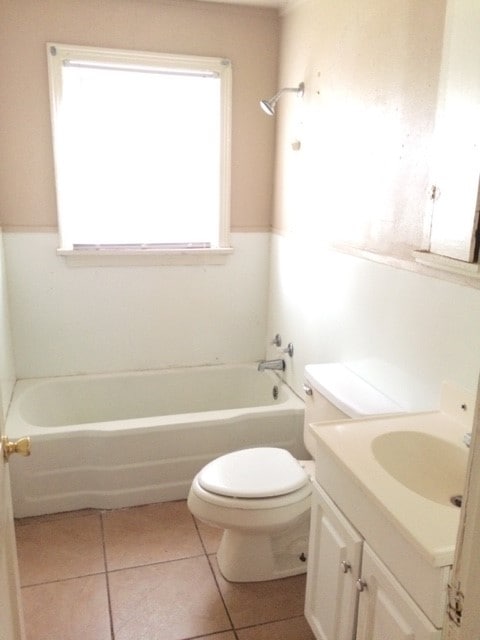 full bathroom featuring shower / bathtub combination, tile patterned flooring, vanity, and toilet