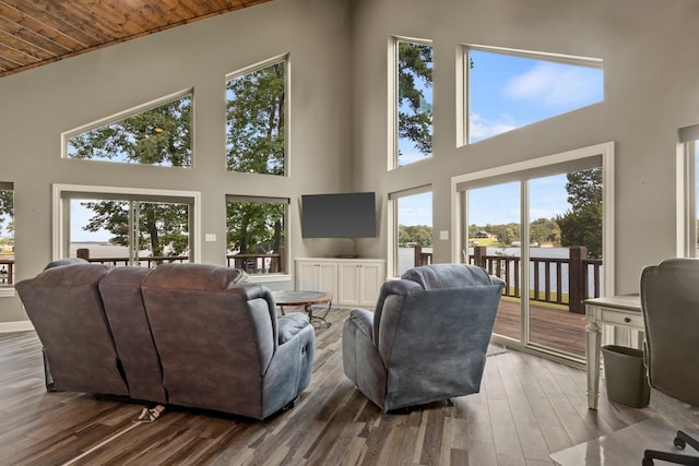 living room featuring wooden ceiling, hardwood / wood-style flooring, and a high ceiling