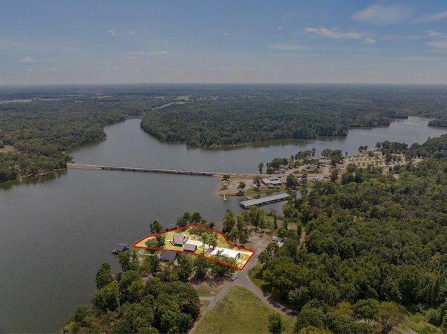 drone / aerial view with a forest view and a water view