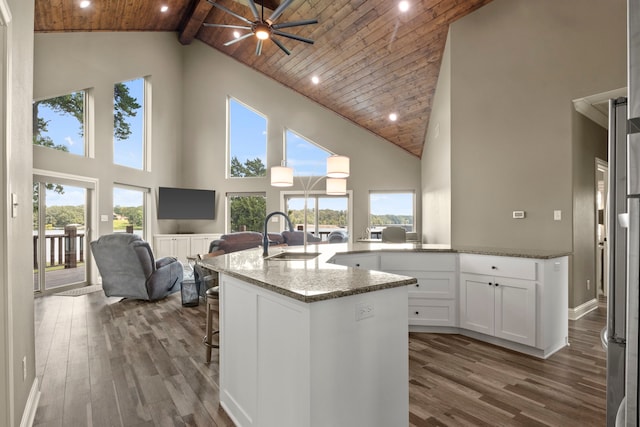 kitchen featuring beam ceiling, dark hardwood / wood-style floors, sink, high vaulted ceiling, and wooden ceiling