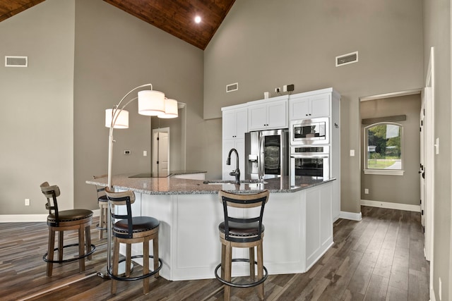 kitchen with stainless steel appliances, high vaulted ceiling, an island with sink, and dark hardwood / wood-style floors