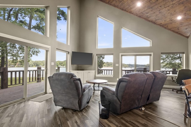 living area featuring wooden ceiling, dark wood-style floors, and a wealth of natural light