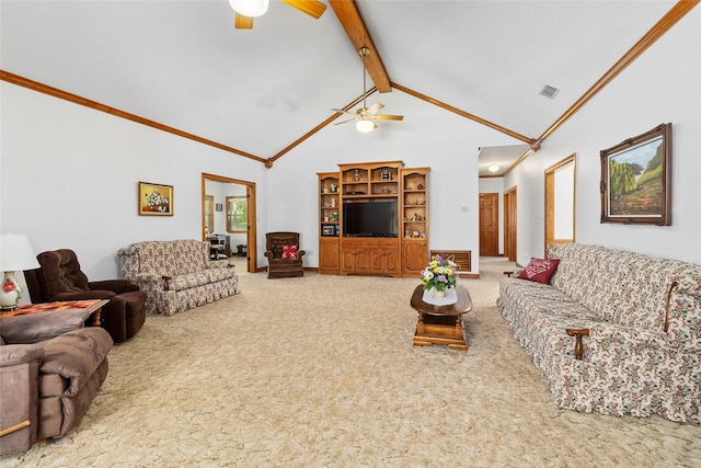 living room with carpet, ceiling fan, visible vents, and beamed ceiling