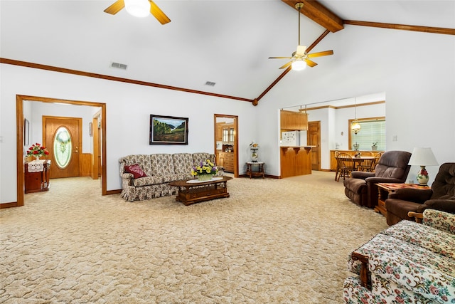 carpeted living room with high vaulted ceiling, ceiling fan, and beam ceiling