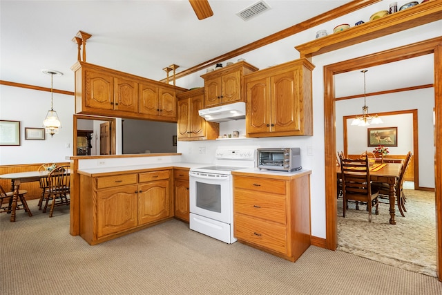 kitchen featuring electric stove, pendant lighting, a chandelier, light colored carpet, and crown molding